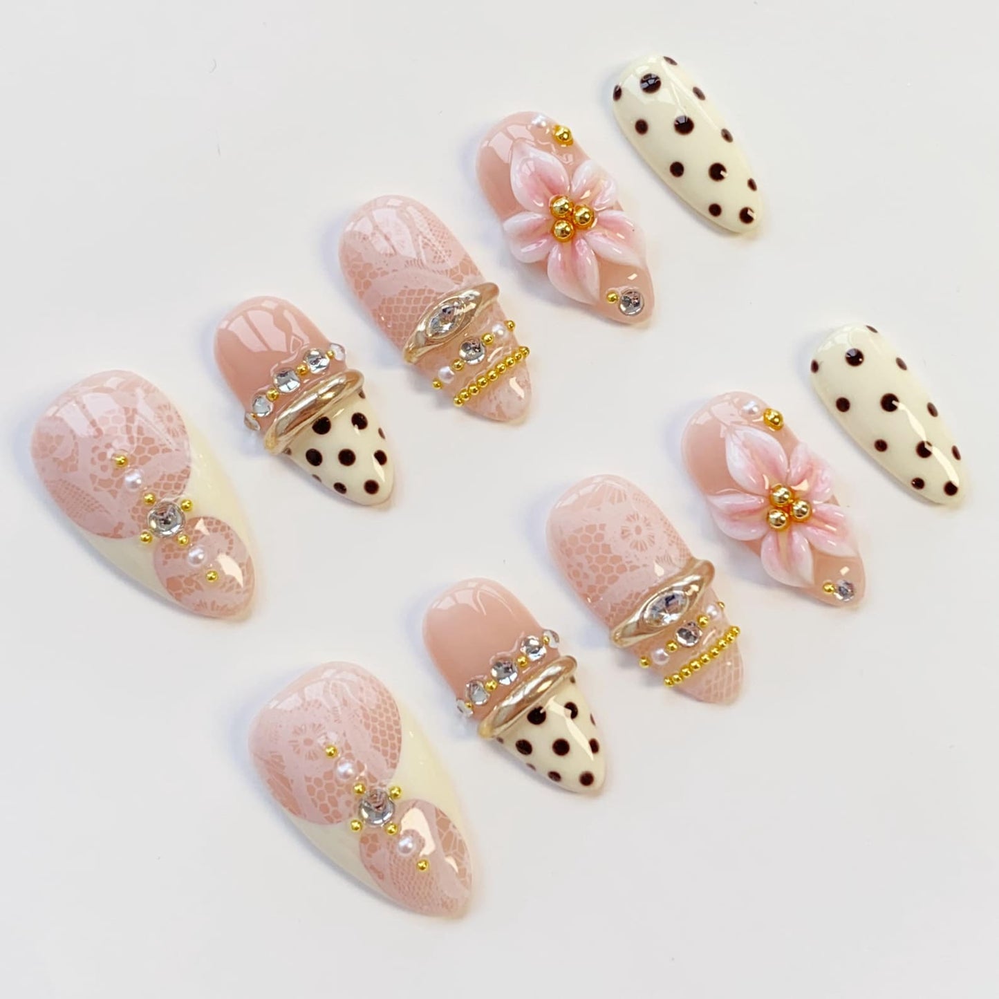 Blush Lace Floral Press-On Nails – Luxury 3D Flower & Polka Dot Almond Nail Set