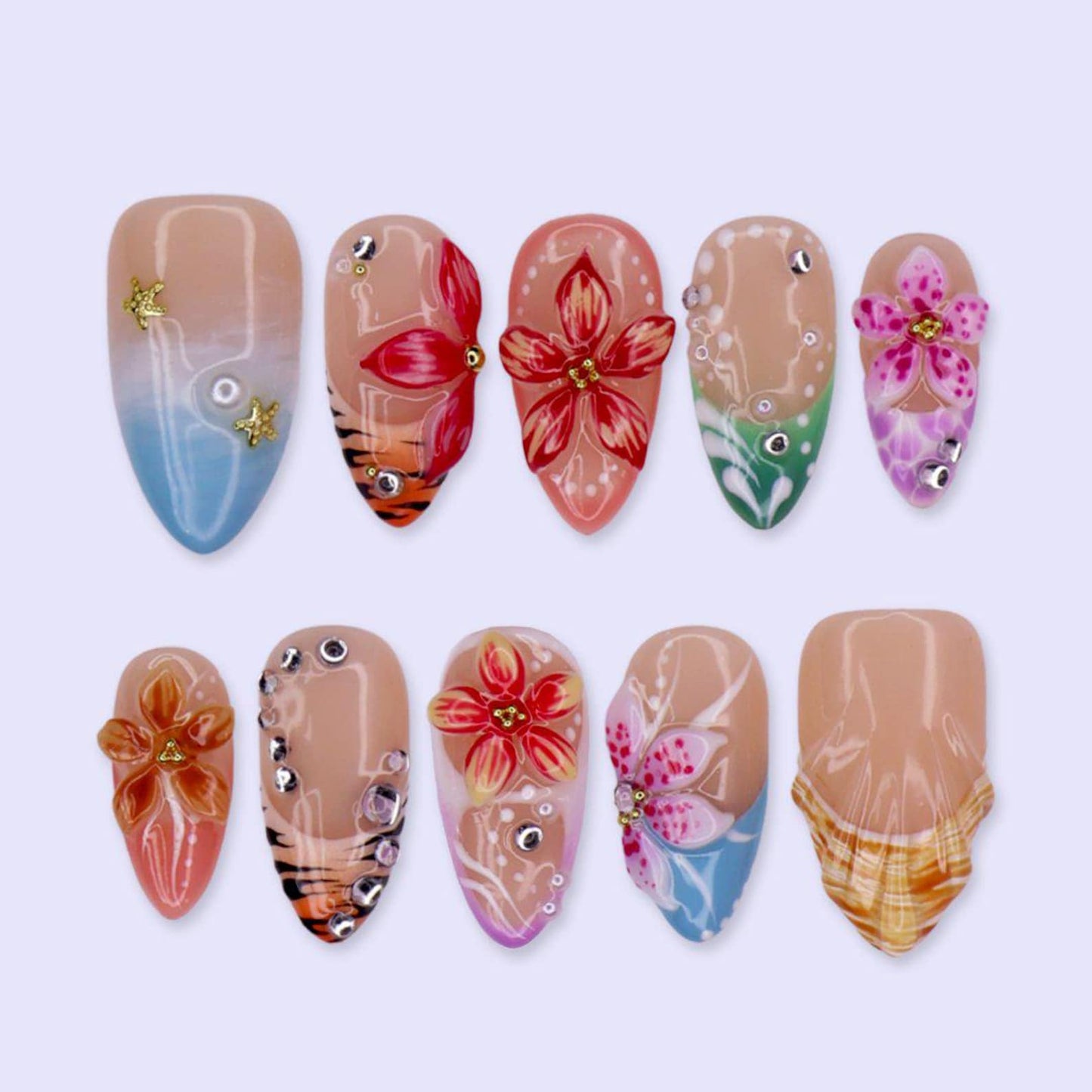 Tropical Blossom Press-On Nails – Handmade 3D Floral Summer Vacation Nail Set