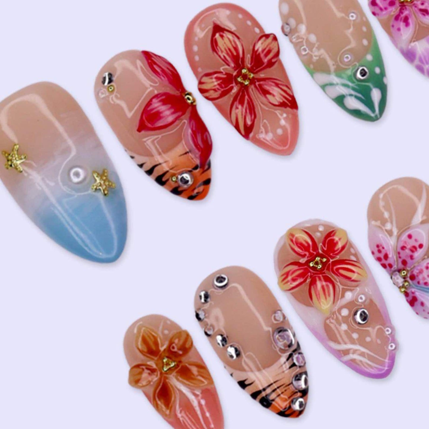 Tropical Blossom Press-On Nails – Handmade 3D Floral Summer Vacation Nail Set