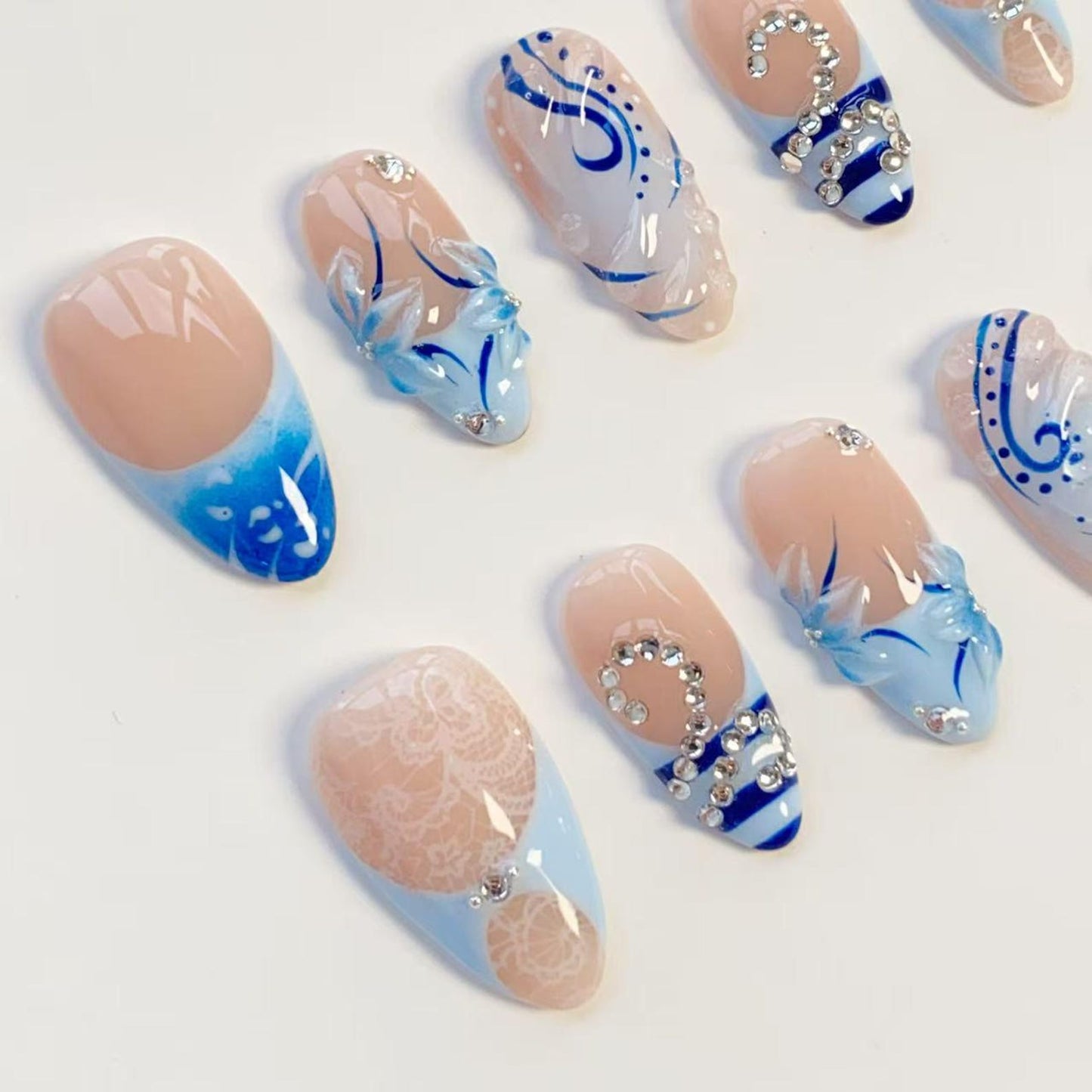 Blue Porcelain Blossom Press-On Nails – Handmade Elegant Floral French Tip Nail Set