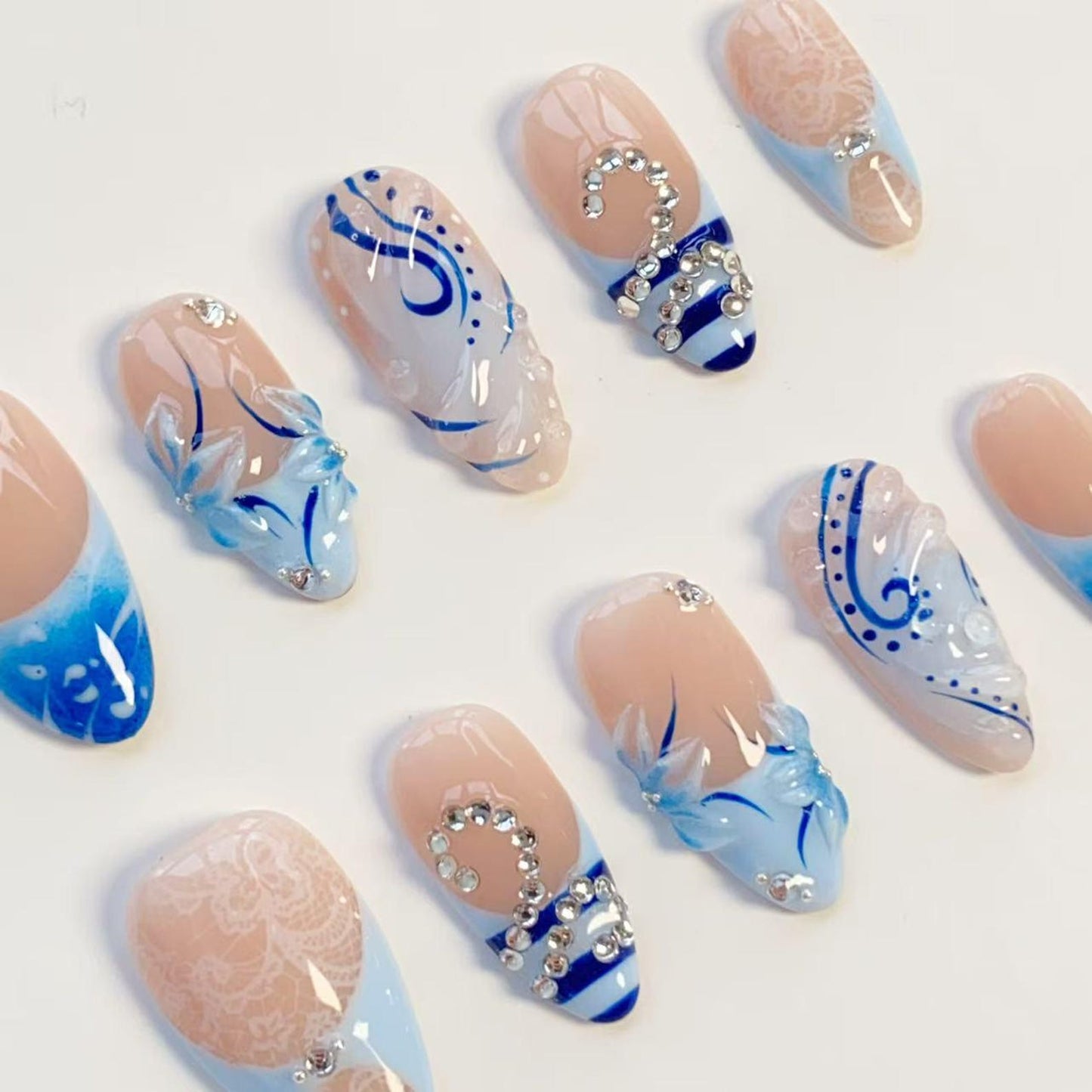 Blue Porcelain Blossom Press-On Nails – Handmade Elegant Floral French Tip Nail Set