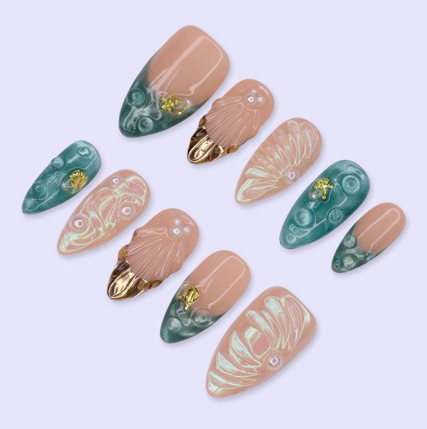 Ocean Mermaid Shell Press-On Nails – Iridescent Seashell & Seafoam Green Nail Art Set