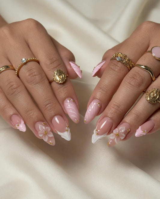 Blush Pink 3D Floral Press-On Nails – Elegant Almond-Shaped Handmade Nail Set with Gold Accents