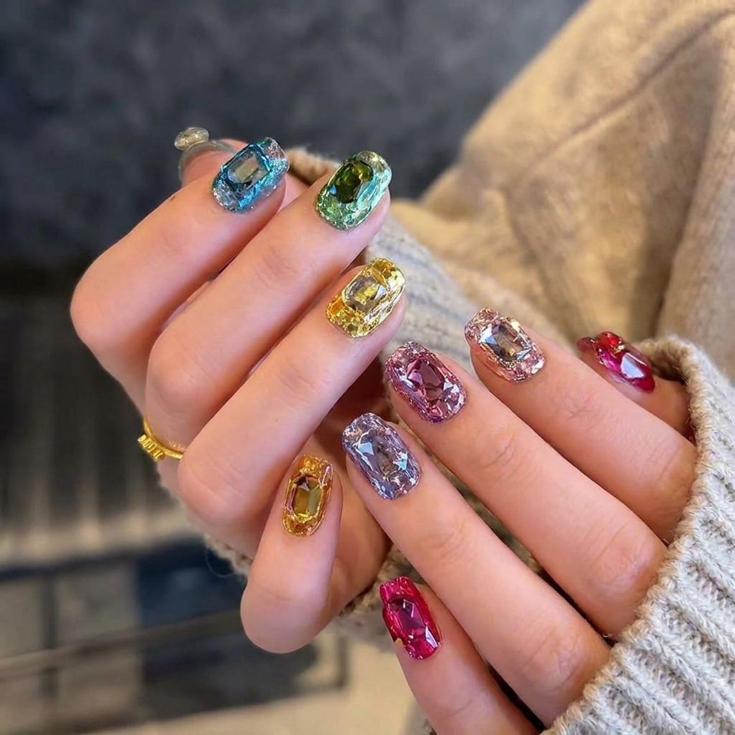 Luxury Rainbow Gemstone Press-On Nails – Handmade Crystal Jewel Nail Set