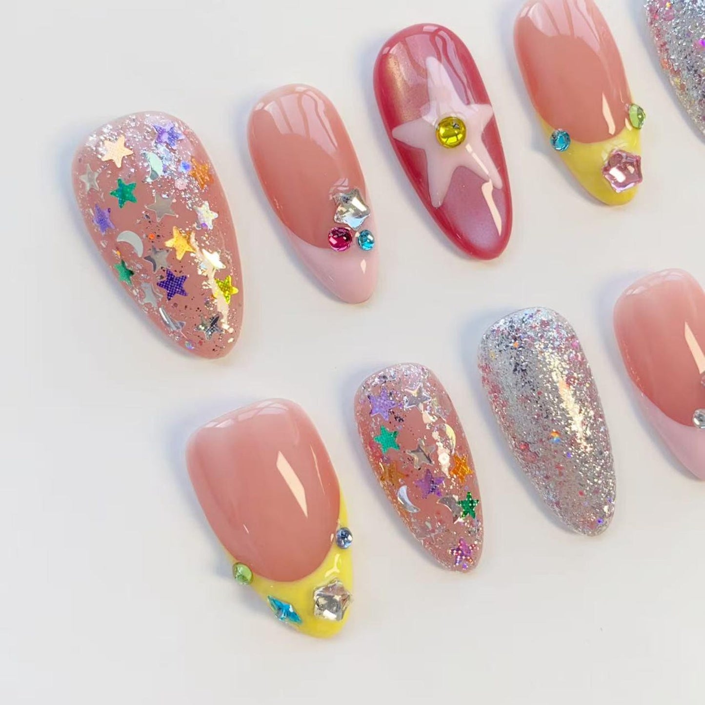 Kawaii Star Glitter Press-On Nails – Handmade Pink Sparkly Nail Set | Cute Reusable False Nails