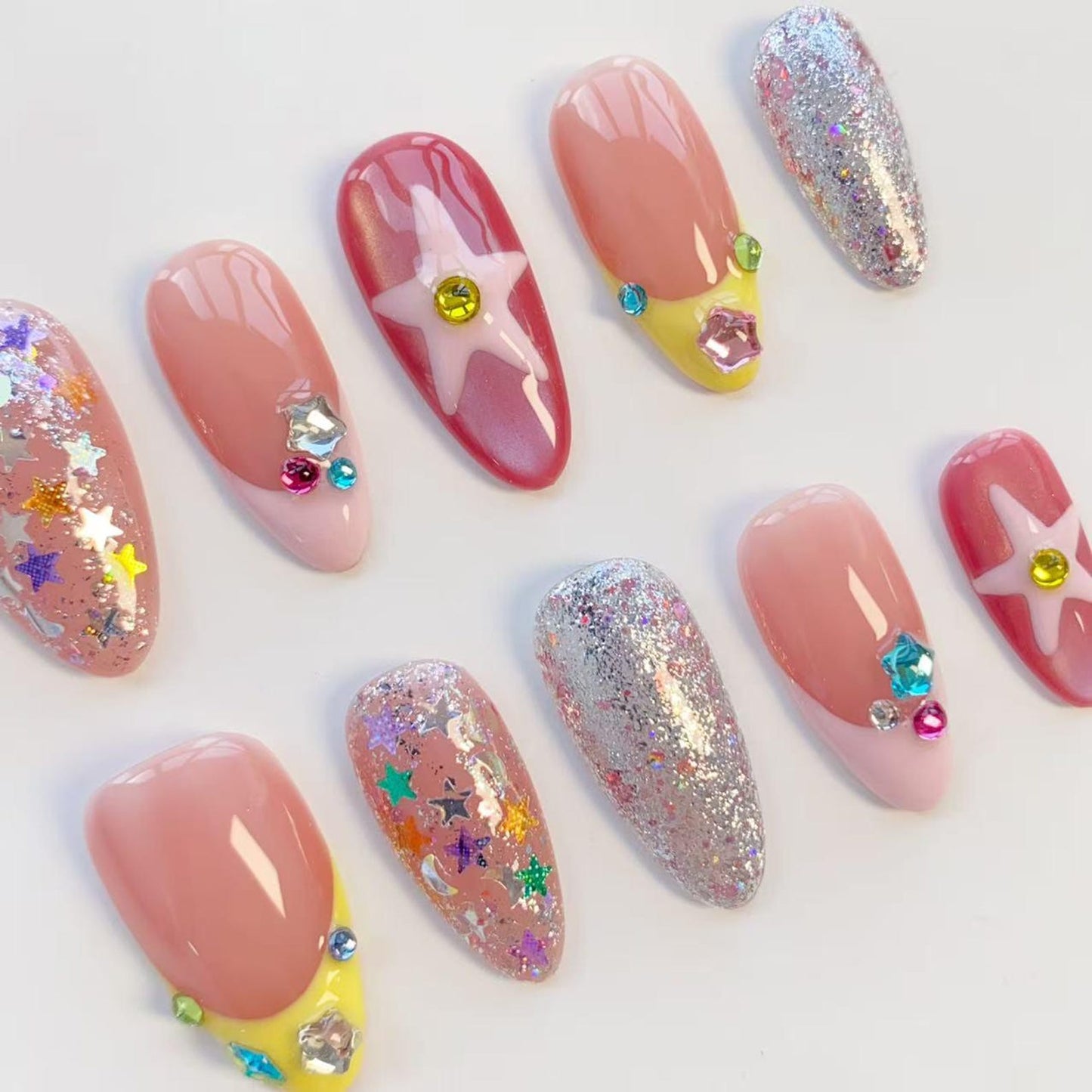 Kawaii Star Glitter Press-On Nails – Handmade Pink Sparkly Nail Set | Cute Reusable False Nails