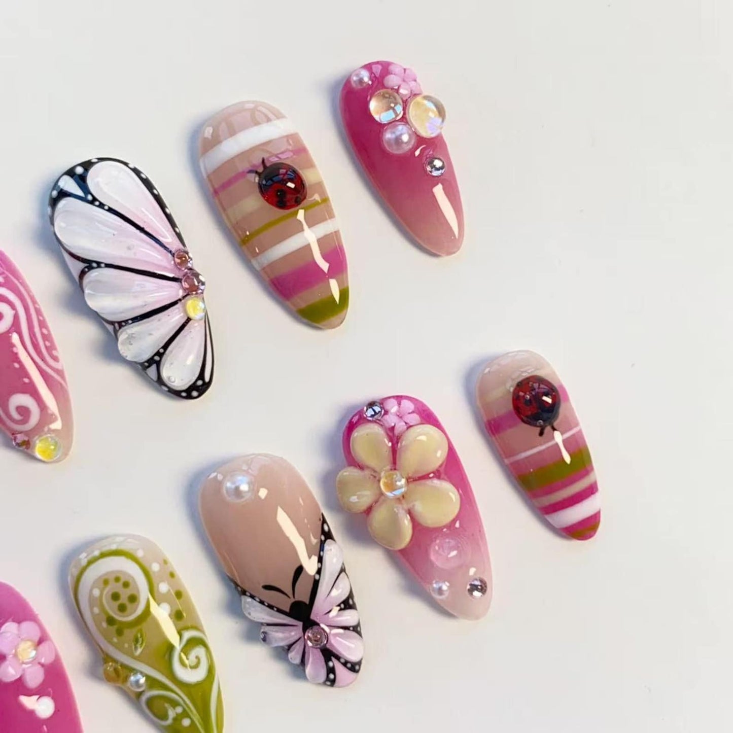 Butterfly Garden Press-On Nails – Pink Floral & Green Swirl Handmade Almond Nail Set