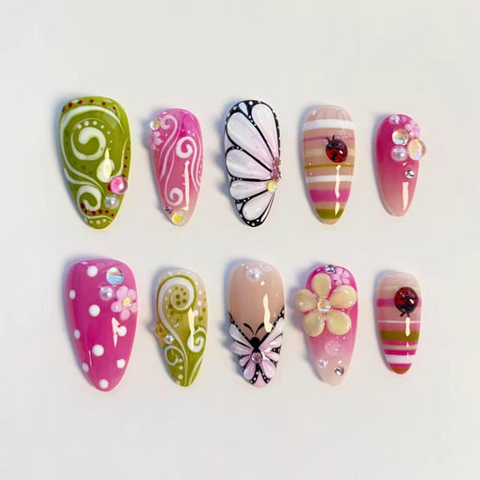 Butterfly Garden Press-On Nails – Pink Floral & Green Swirl Handmade Almond Nail Set