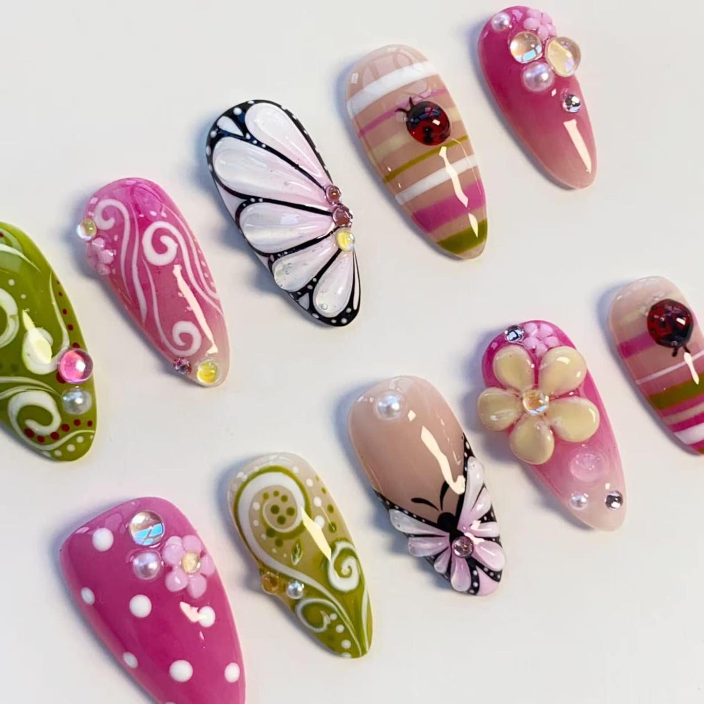 Butterfly Garden Press-On Nails – Pink Floral & Green Swirl Handmade Almond Nail Set