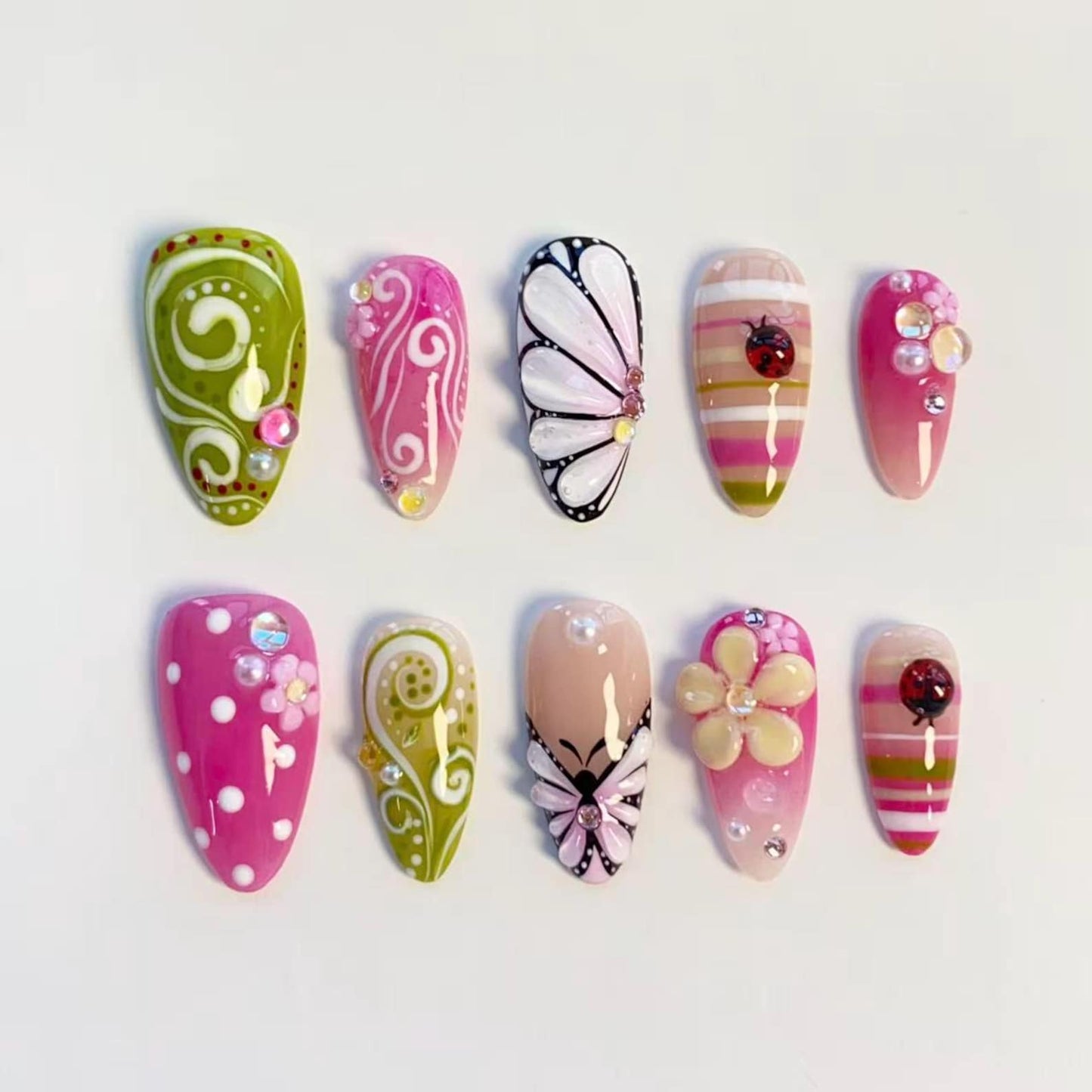 Butterfly Garden Press-On Nails – Pink Floral & Green Swirl Handmade Almond Nail Set