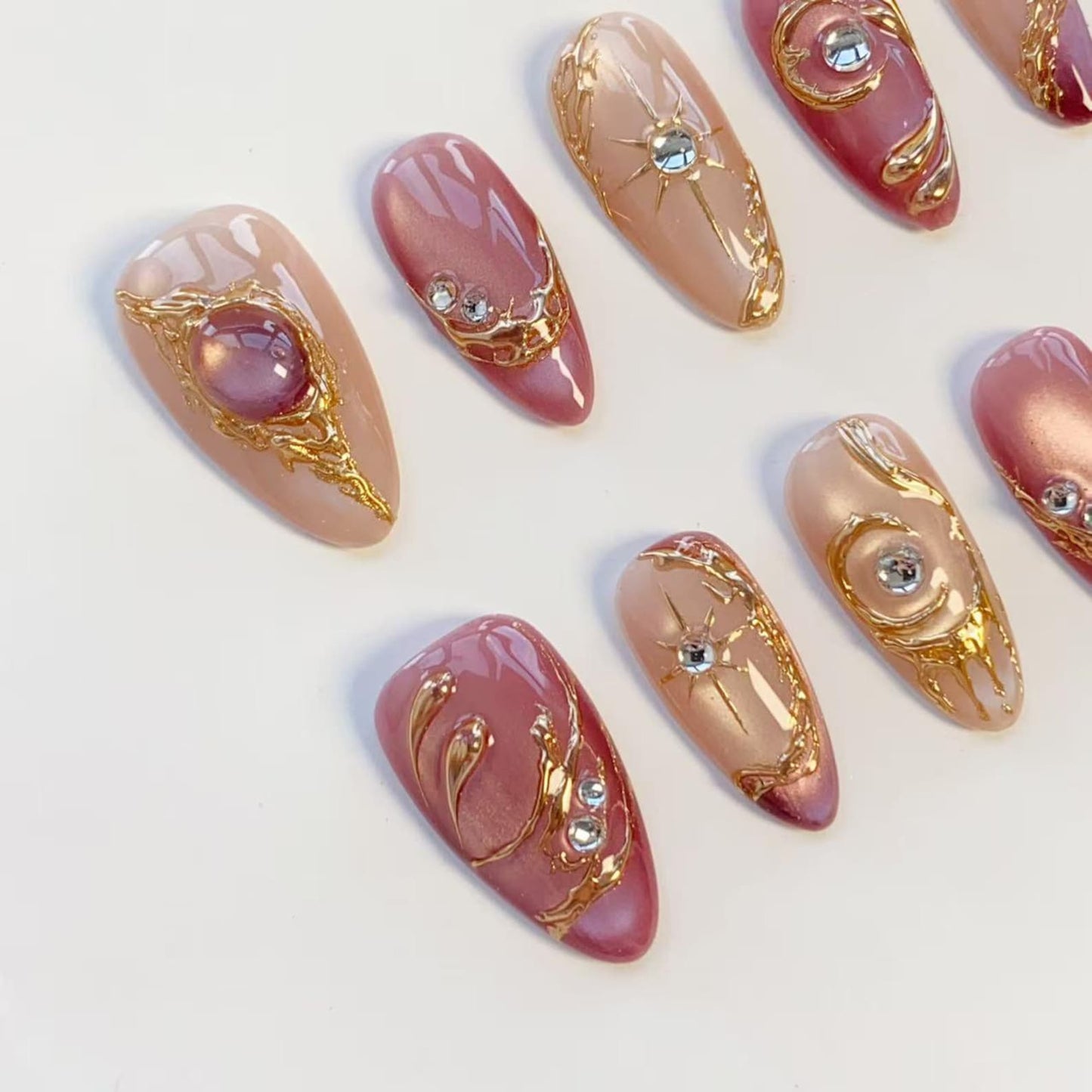Pink Gemstone Press-On Nails – Luxury Gold Chrome Rhinestone Nail Set | Elegant Almond Fake Nails | Handmade Reusable Nail Art