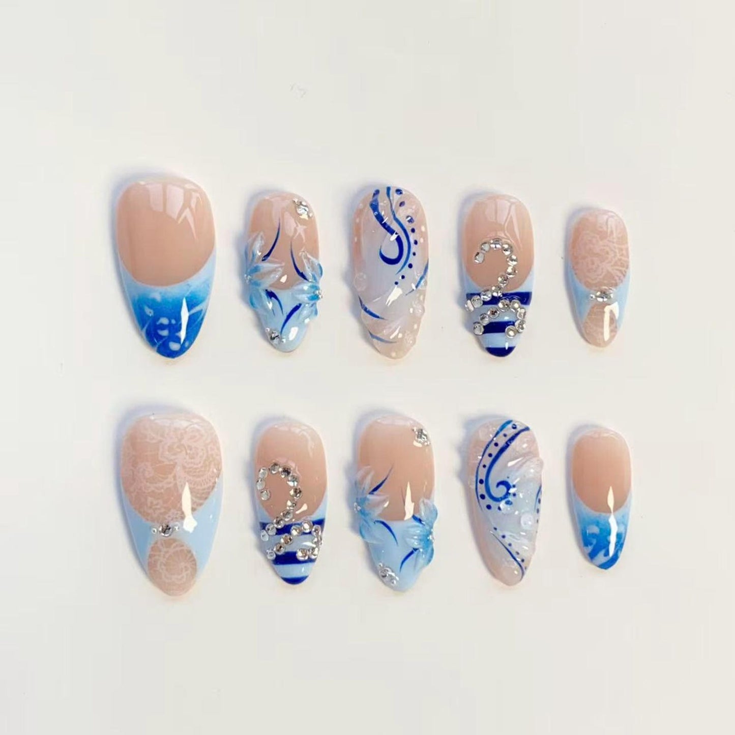 Blue Porcelain Blossom Press-On Nails – Handmade Elegant Floral French Tip Nail Set