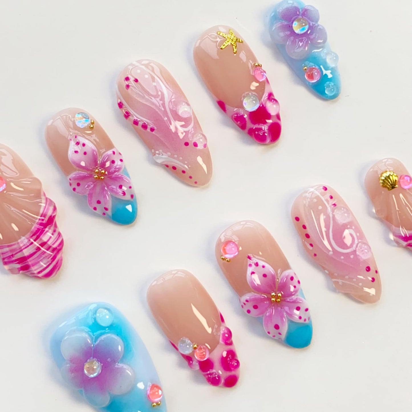 Mermaid Blossom Press-On Nails – Handmade 3D Floral Seashell Ocean Nail Set