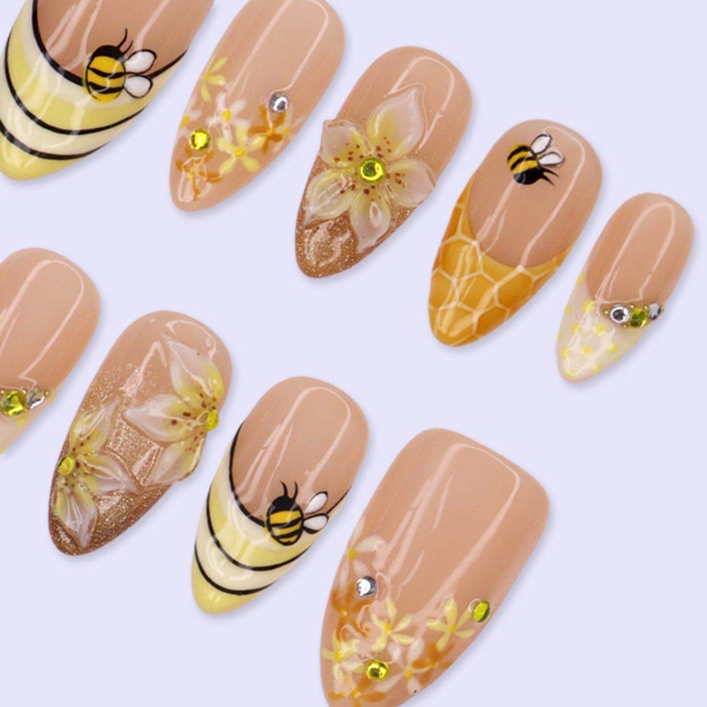 Honey Bee Garden Press-On Nails – 3D Floral & Honeycomb Nail Art Set