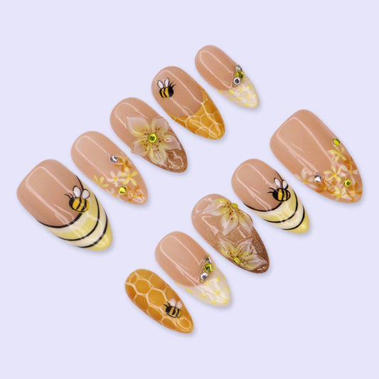 Honey Bee Garden Press-On Nails – 3D Floral & Honeycomb Nail Art Set