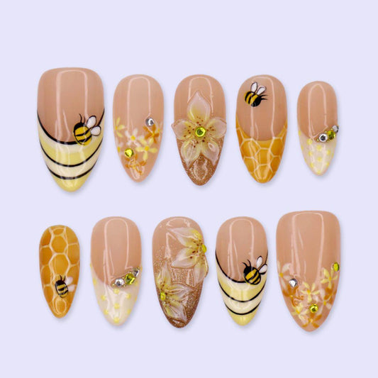 Honey Bee Garden Press-On Nails – 3D Floral & Honeycomb Nail Art Set