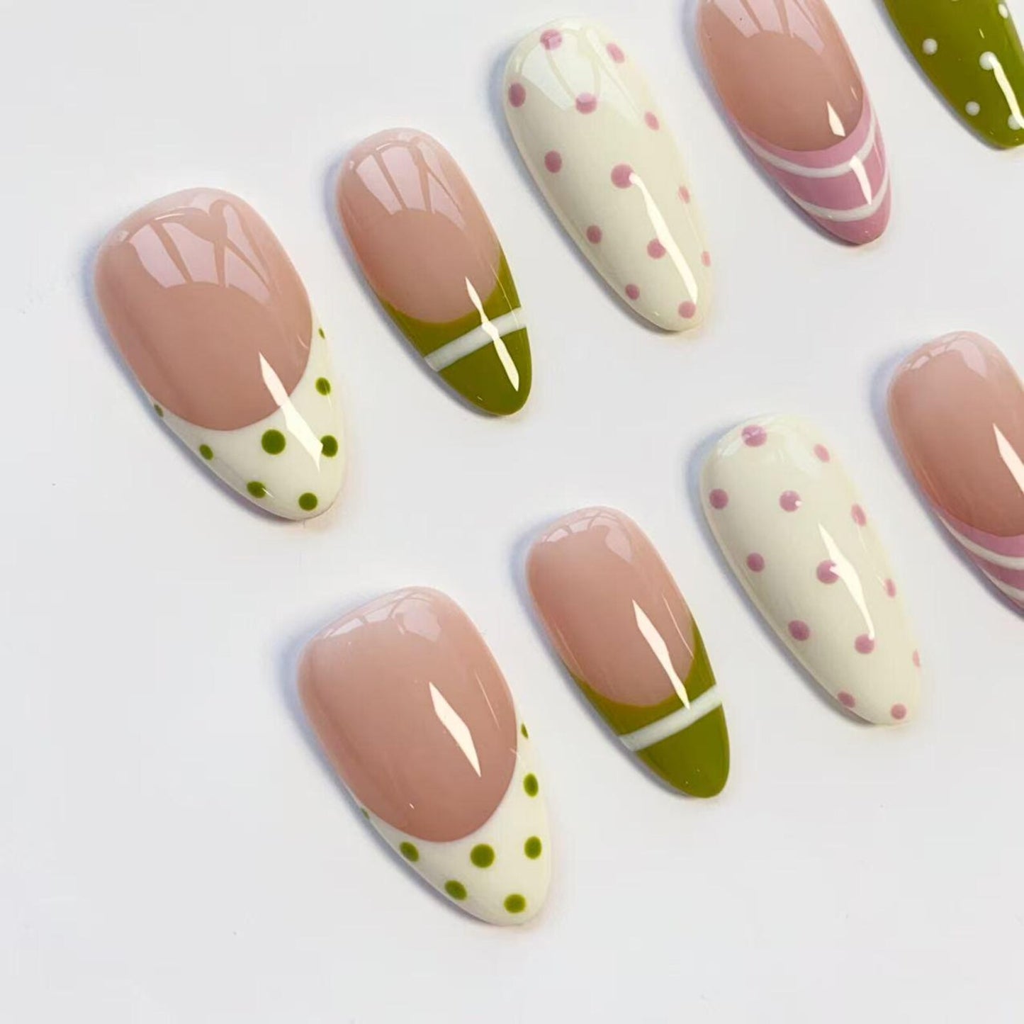 Minimalist Polka Dot Press-On Nails – Cute Green & Pink French Tip Nail Set | Handmade Reusable False Nails