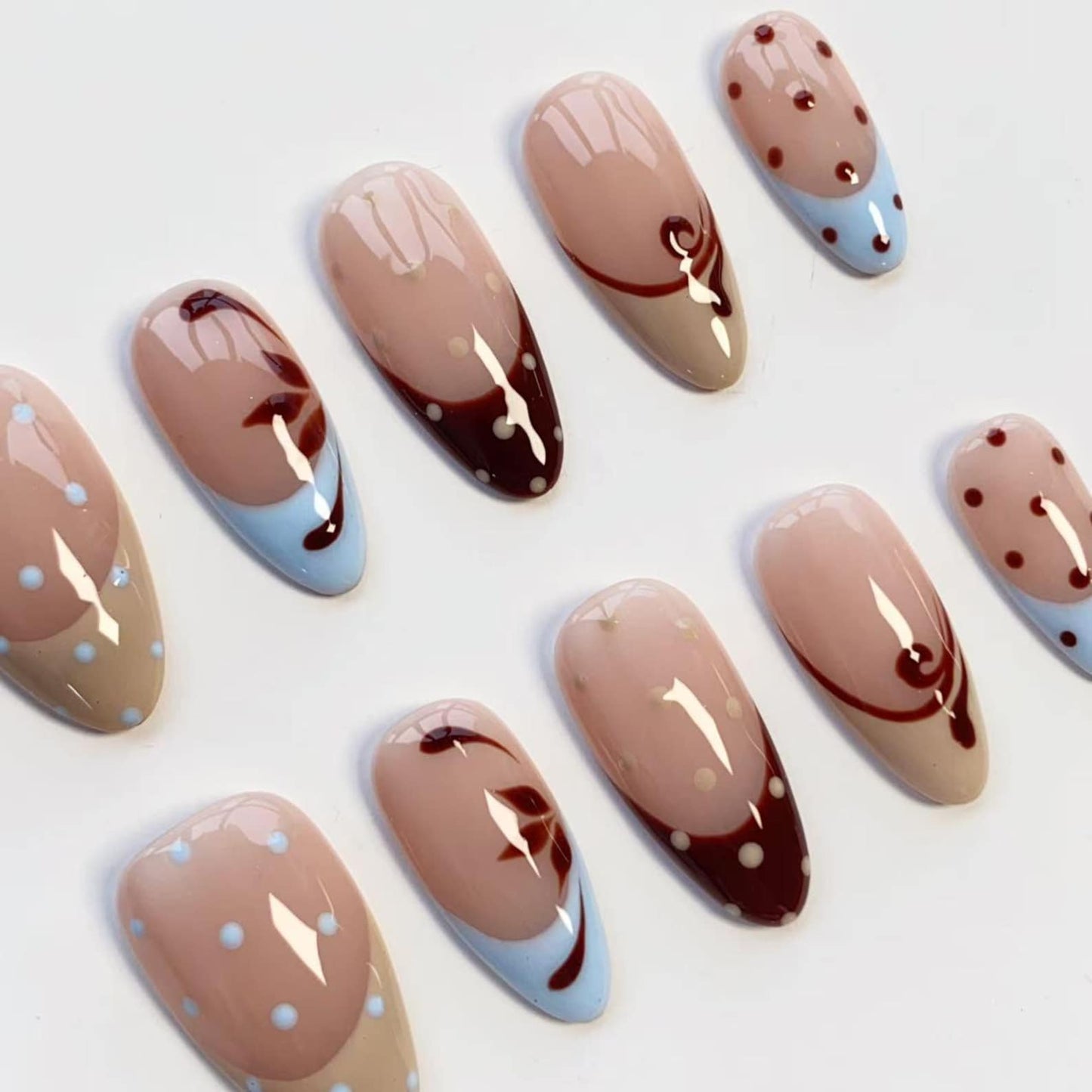 Cherry Mocha Dot Press-On Nails – Retro Polka Dot French Tip Nail Art Set