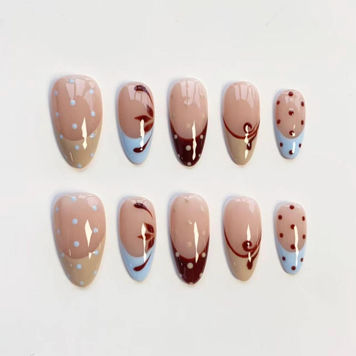 Cherry Mocha Dot Press-On Nails – Retro Polka Dot French Tip Nail Art Set