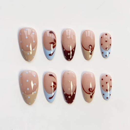 Cherry Mocha Dot Press-On Nails – Retro Polka Dot French Tip Nail Art Set