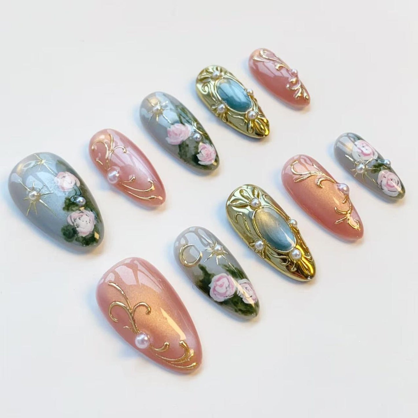 Vintage Rose Press-On Nails – Handmade Floral Nail Set with Gold Frame Charms & Pearl Accents