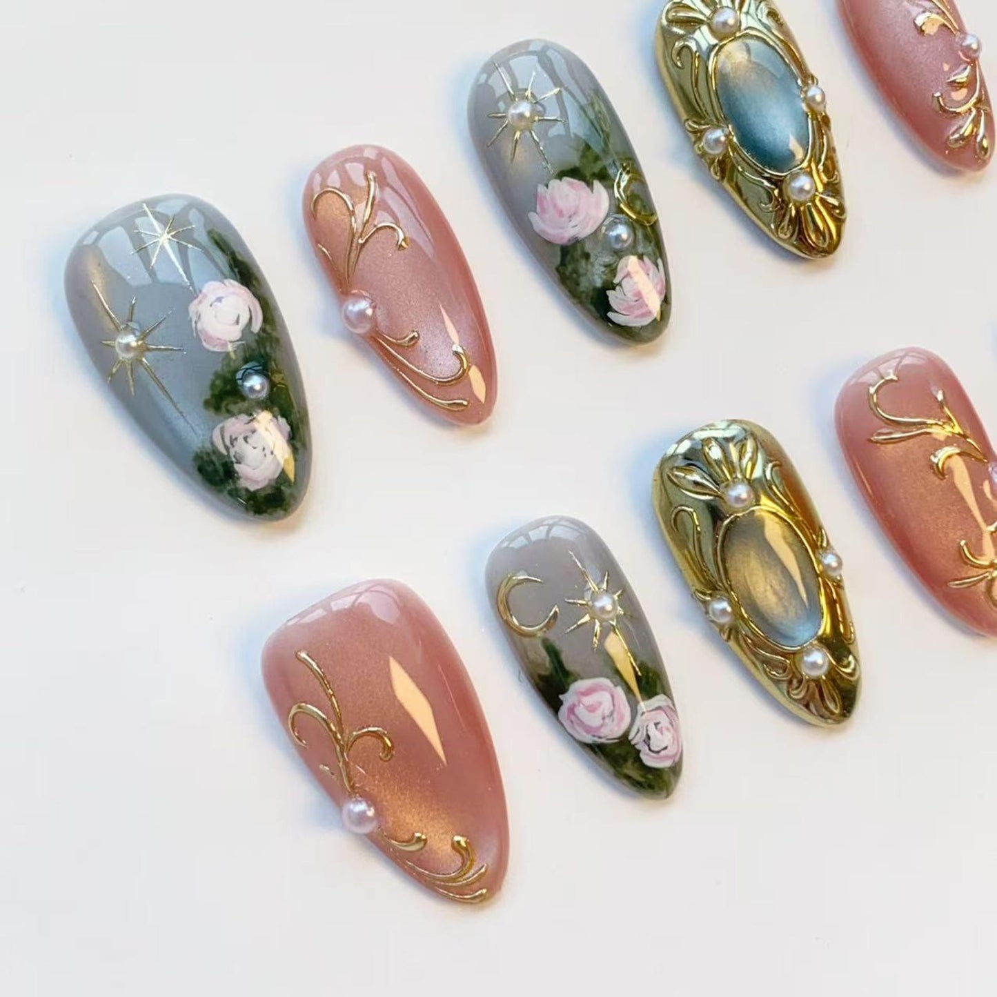 Vintage Rose Press-On Nails – Handmade Floral Nail Set with Gold Frame Charms & Pearl Accents