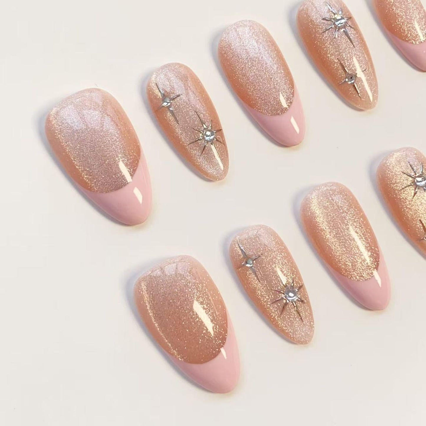 Pink Glitter French Tip Press-On Nails – Sparkling Rhinestone Star Nail Set | Elegant Almond Fake Nails | Handmade Reusable Nail Art
