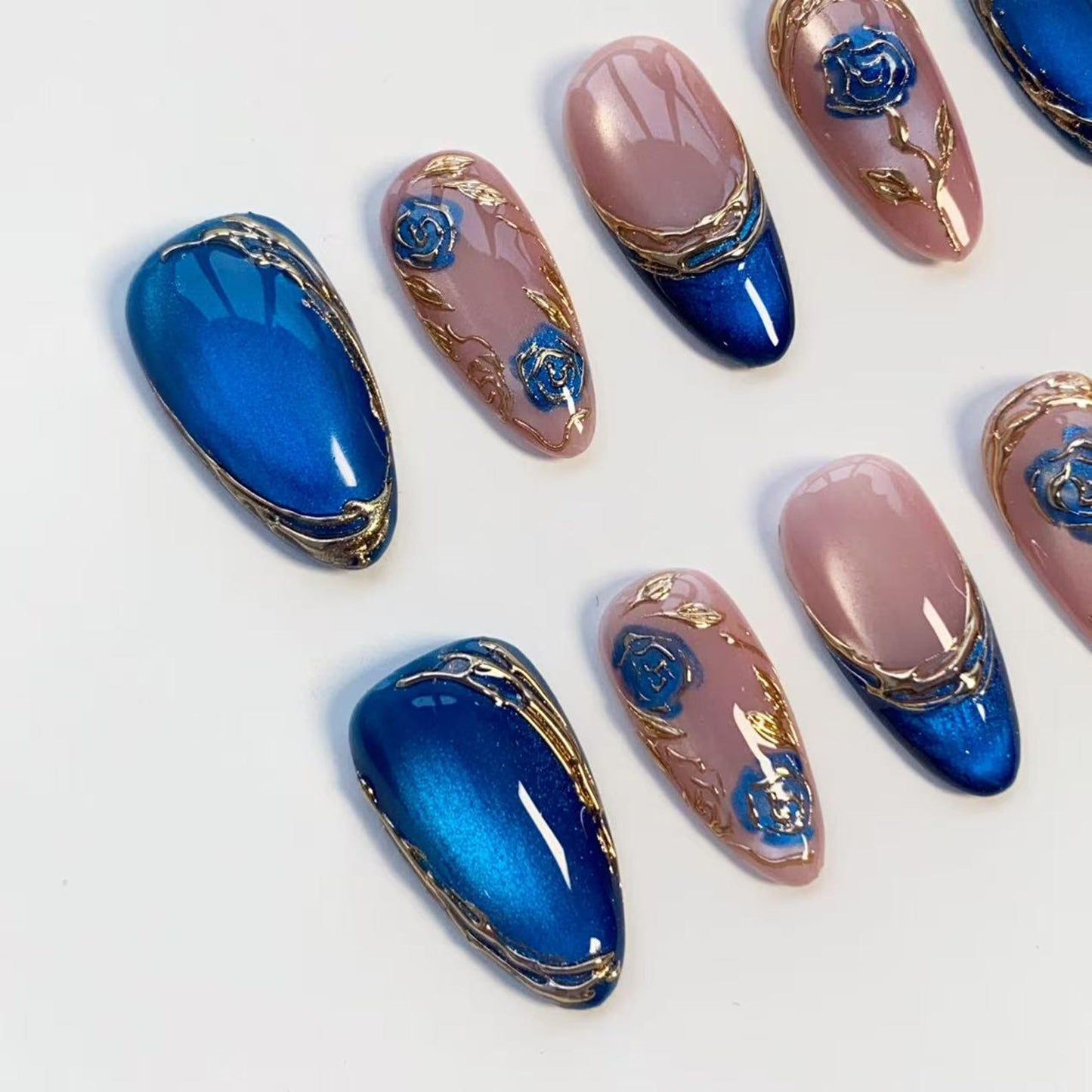 Royal Blue Rose Press-On Nails – Handmade Luxury Floral Nail Set | Elegant Reusable False Nails