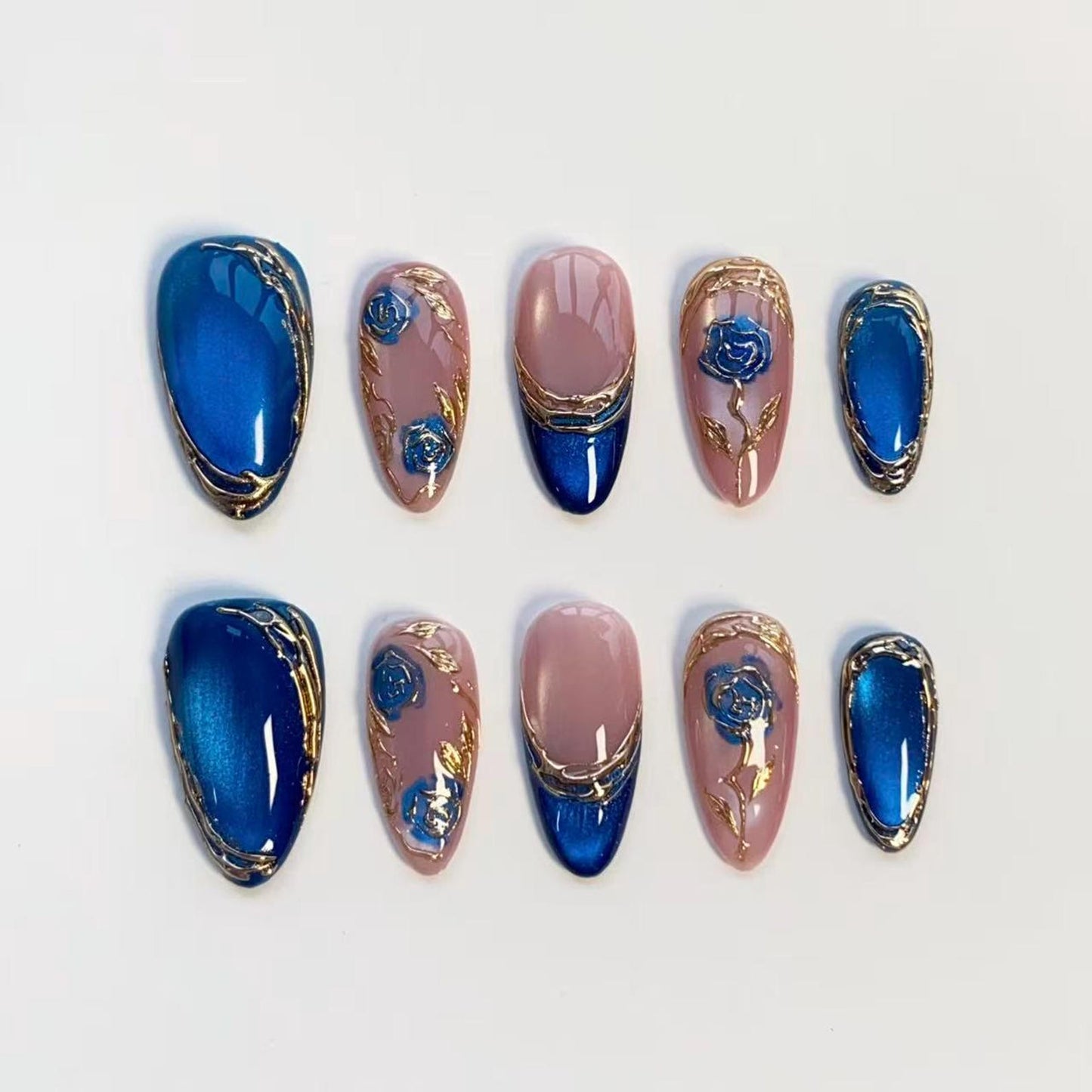 Royal Blue Rose Press-On Nails – Handmade Luxury Floral Nail Set | Elegant Reusable False Nails