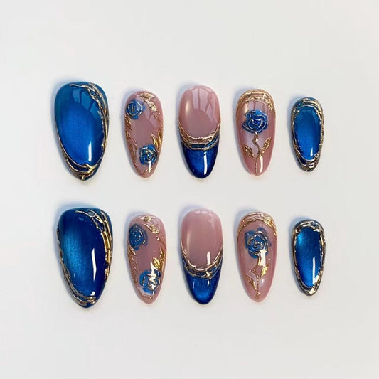 Royal Blue Rose Press-On Nails – Handmade Luxury Floral Nail Set | Elegant Reusable False Nails