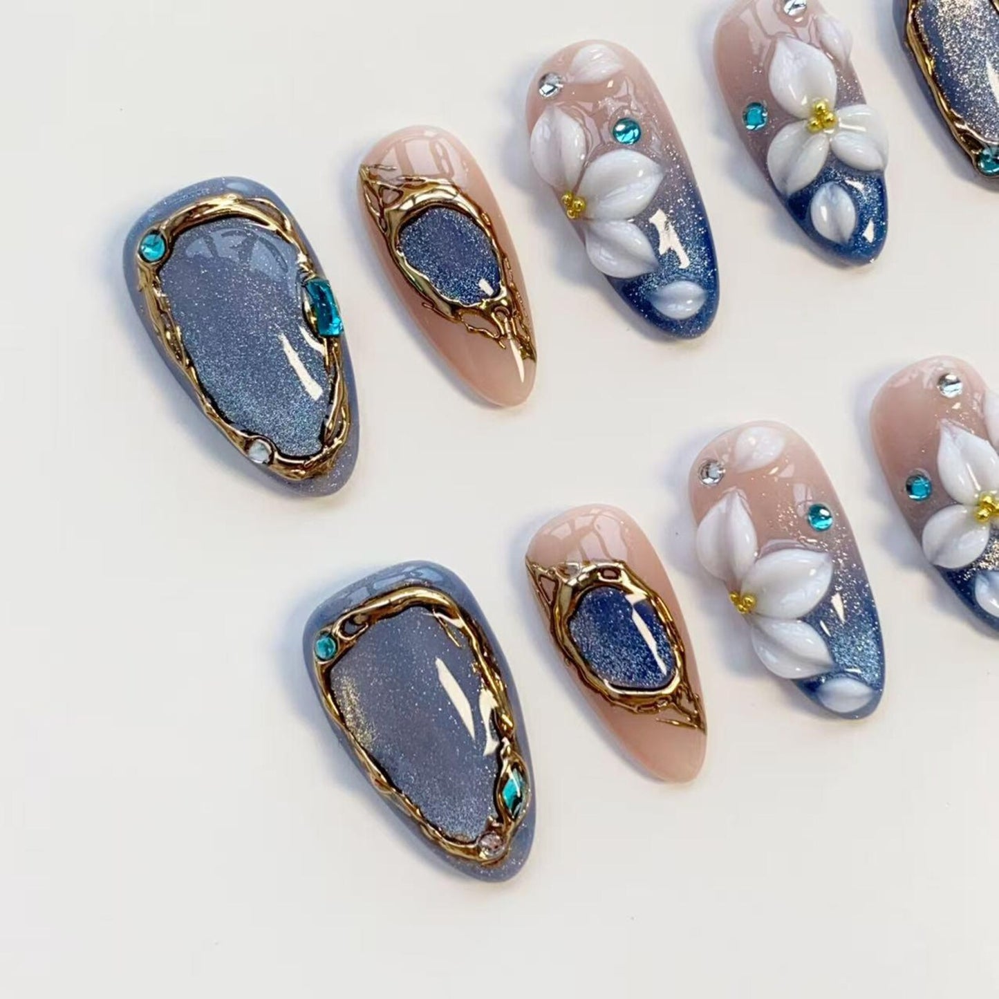 Blue Crystal Blossom Press-On Nails – Handmade 3D Floral Luxury Nail Set