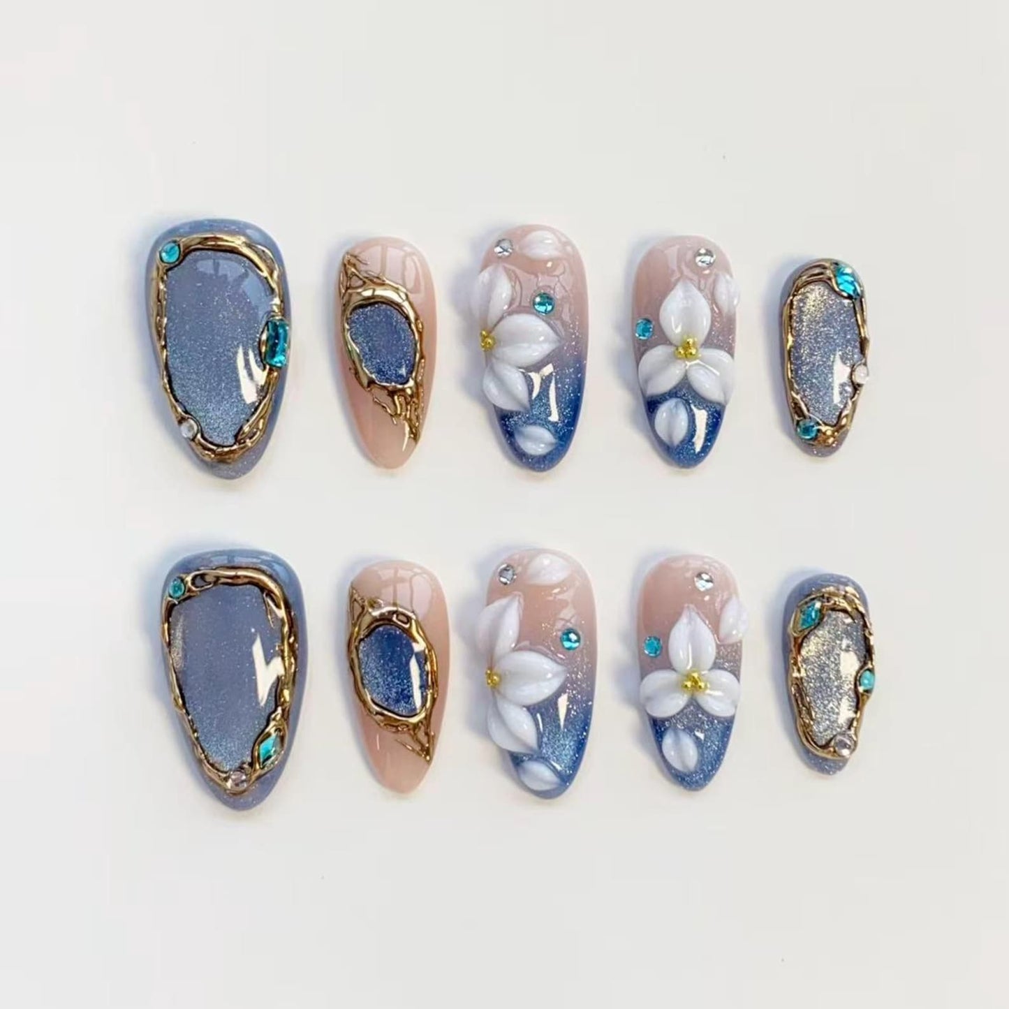Blue Crystal Blossom Press-On Nails – Handmade 3D Floral Luxury Nail Set