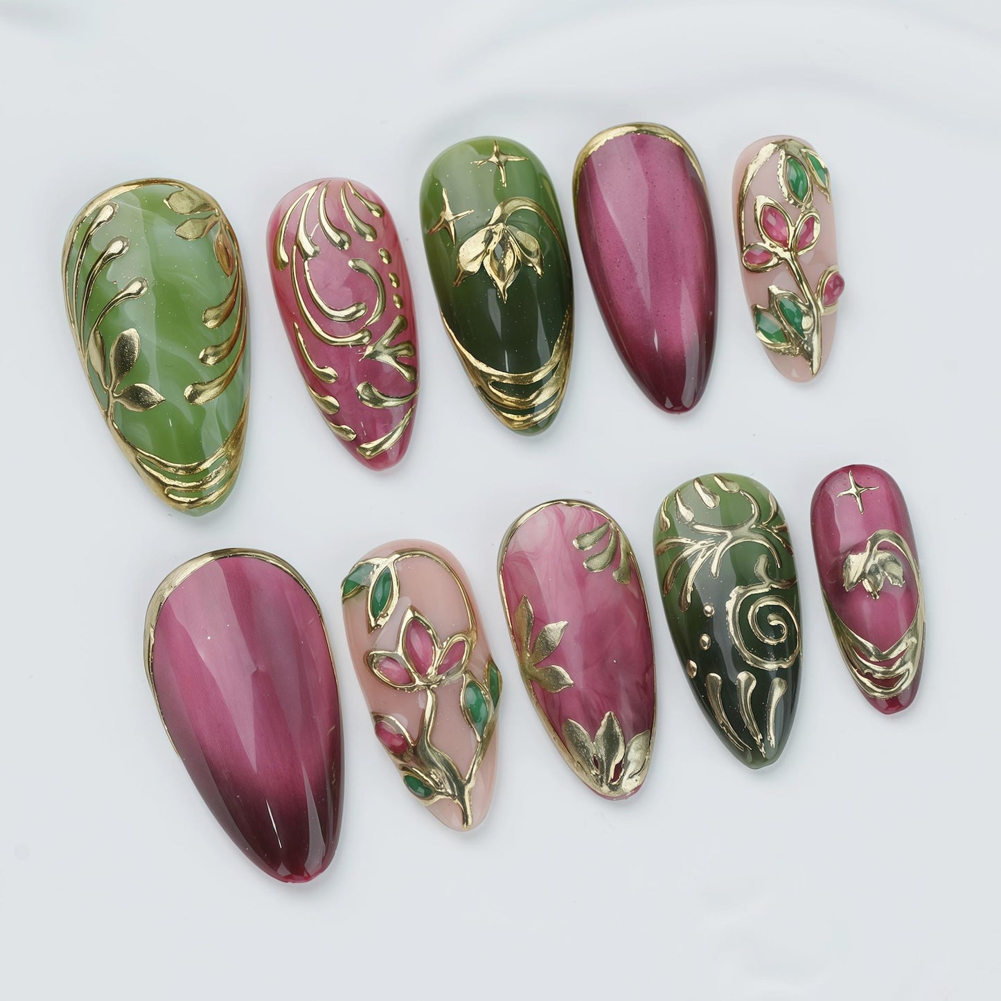 Burgundy & Olive Green Press-On Nails – Vintage Floral Gold Chrome Nail Set | Luxury Almond Fake Nails | Handmade Reusable Nail Art