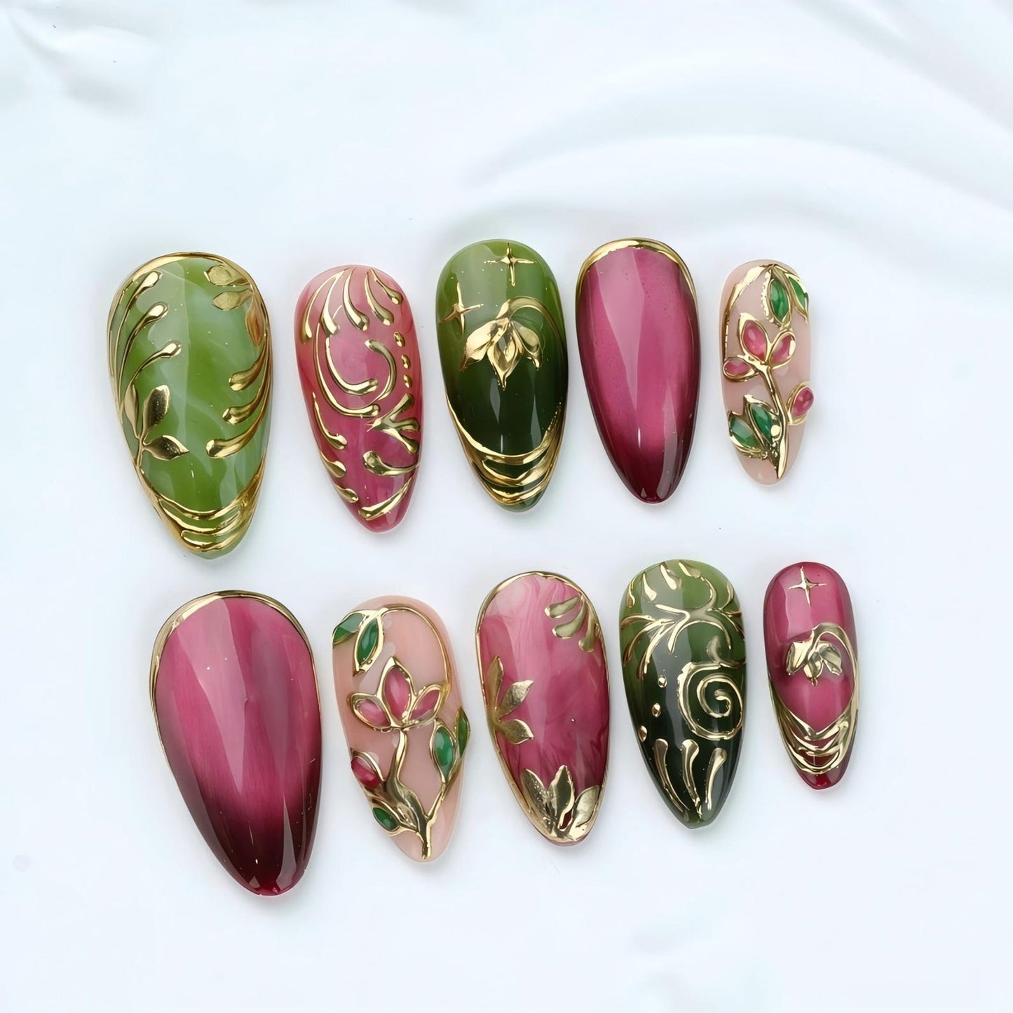 Burgundy & Olive Green Press-On Nails – Vintage Floral Gold Chrome Nail Set | Luxury Almond Fake Nails | Handmade Reusable Nail Art
