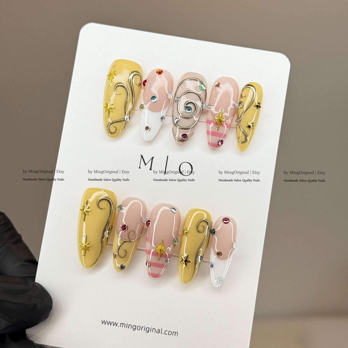 Pastel Celestial Press-On Nails – Handmade Yellow & Pink Swirl Nails with Crystal Charms and Star Accents