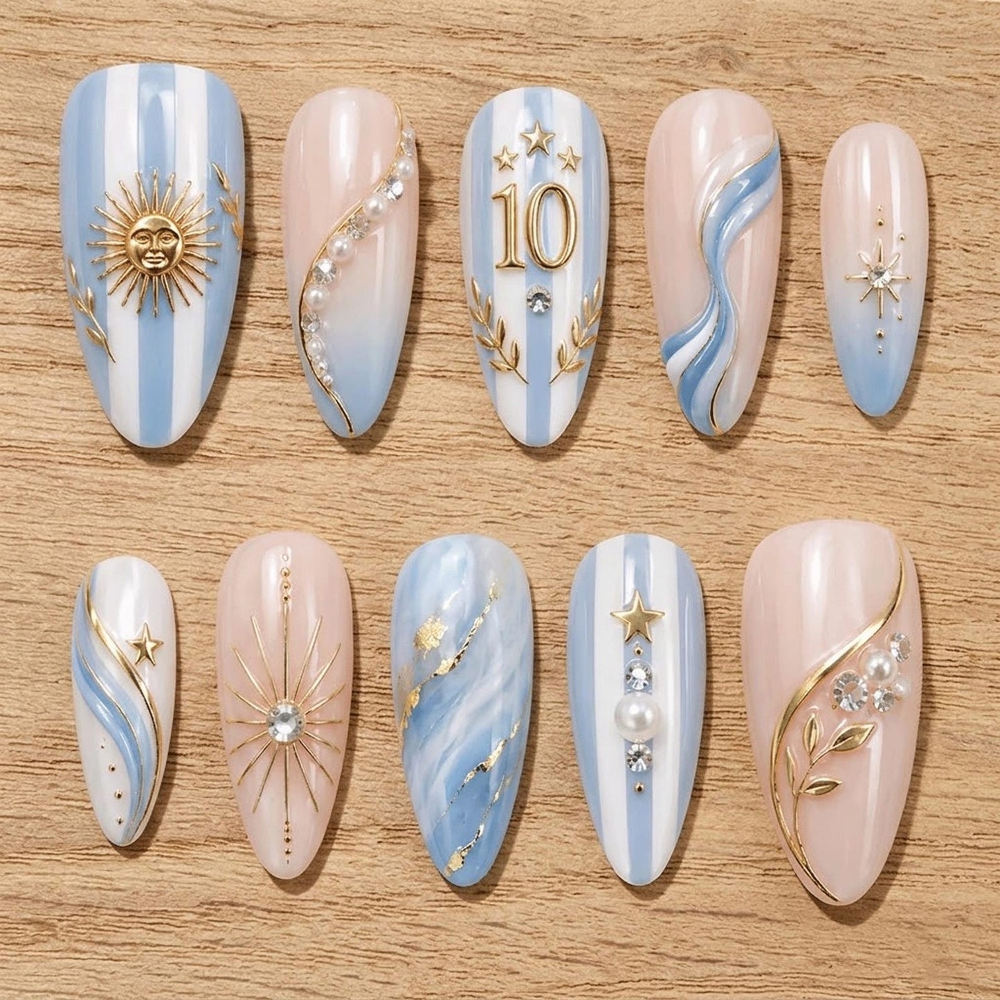 Celestial Blue Luxury Press-On Nails – Sky Blue & Nude Gold Nail Set | Pearl Rhinestone Almond Nails | Handmade Reusable Nail Art