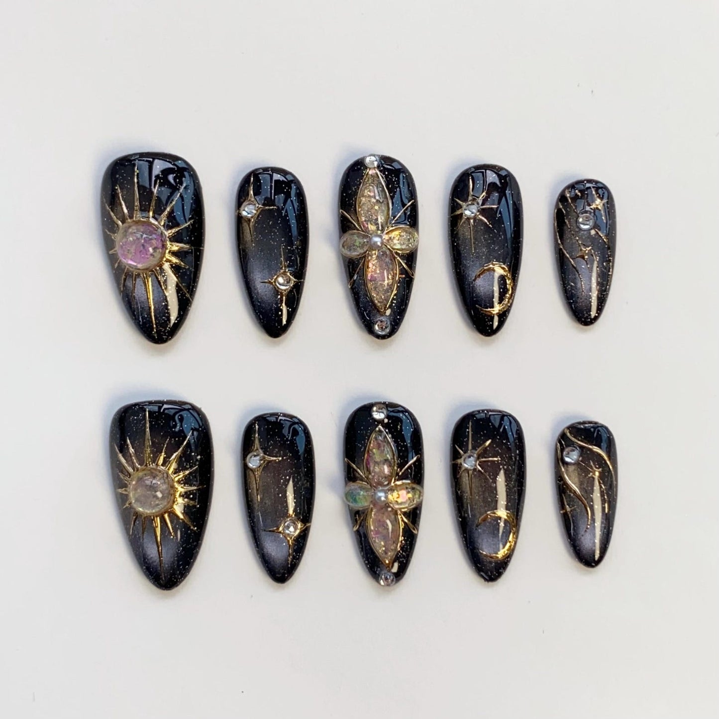 Celestial Midnight Press-On Nails – Black Galaxy Sun & Moon Luxury Handmade Nail Set