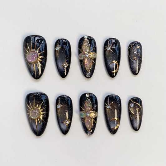 Celestial Midnight Press-On Nails – Black Galaxy Sun & Moon Luxury Handmade Nail Set