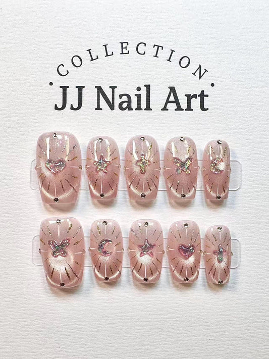 Celestial Charm Press-On Nails – Handmade Pink Glitter Star, Moon & Butterfly Nail Set