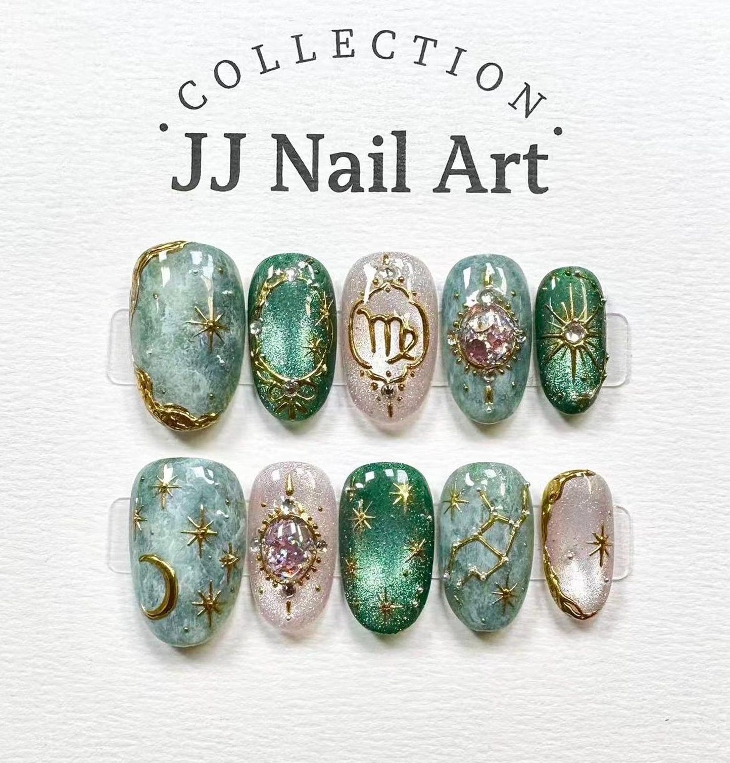 Virgo Zodiac Celestial Press-On Nails – Handmade Emerald Green Astrology Nail Set