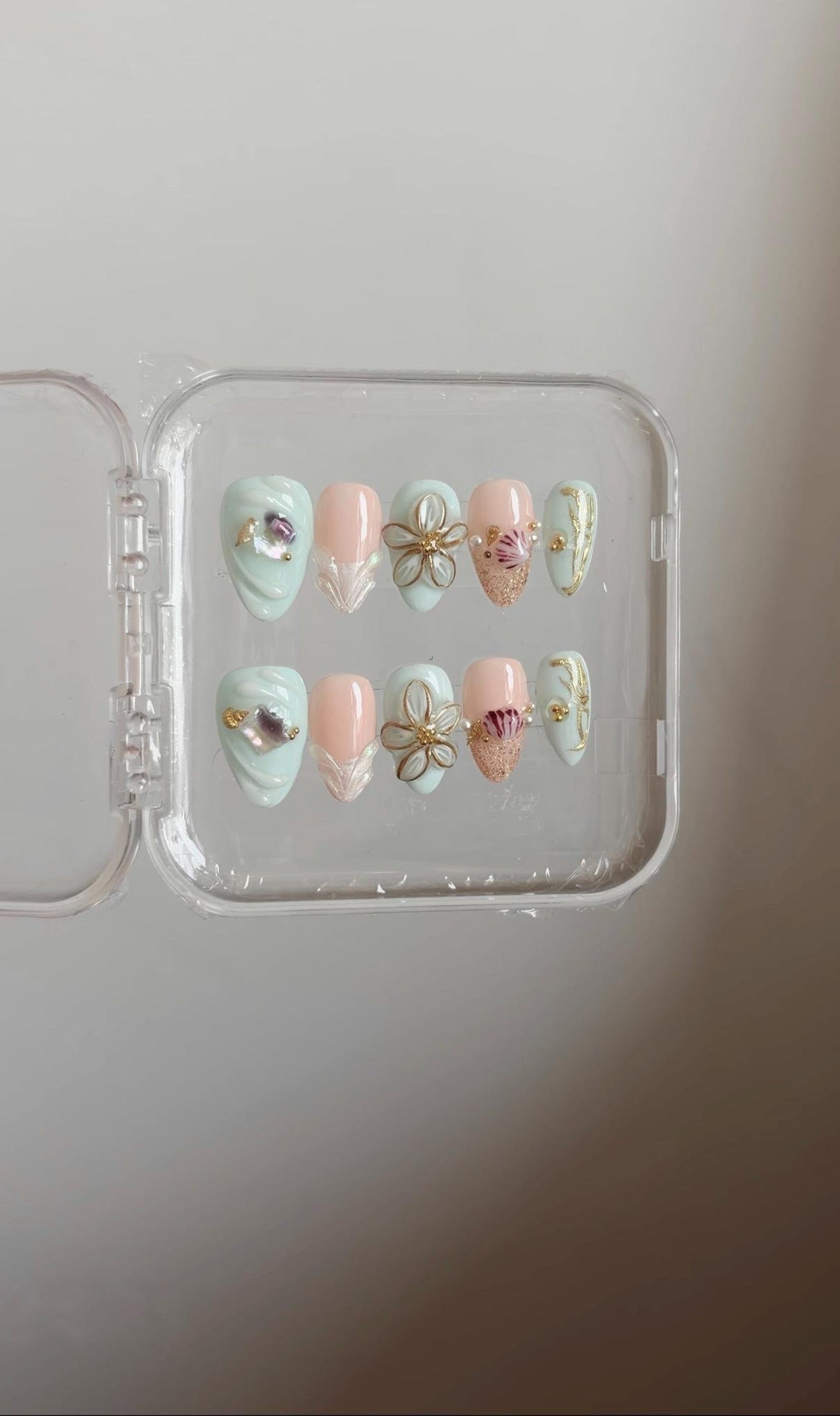 Ocean Bloom Pearl Press-On Nails – Handmade 3D Floral & Seashell Nail Set