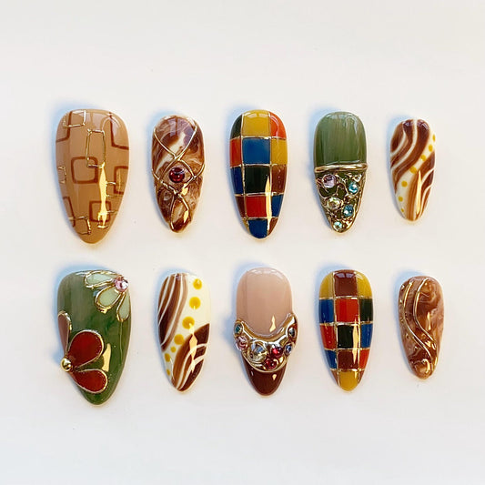 Retro Mosaic Press-On Nails – Color Block Vintage Nail Set | Abstract Art Almond Nails with Rhinestones | Handmade Reusable Nail Art