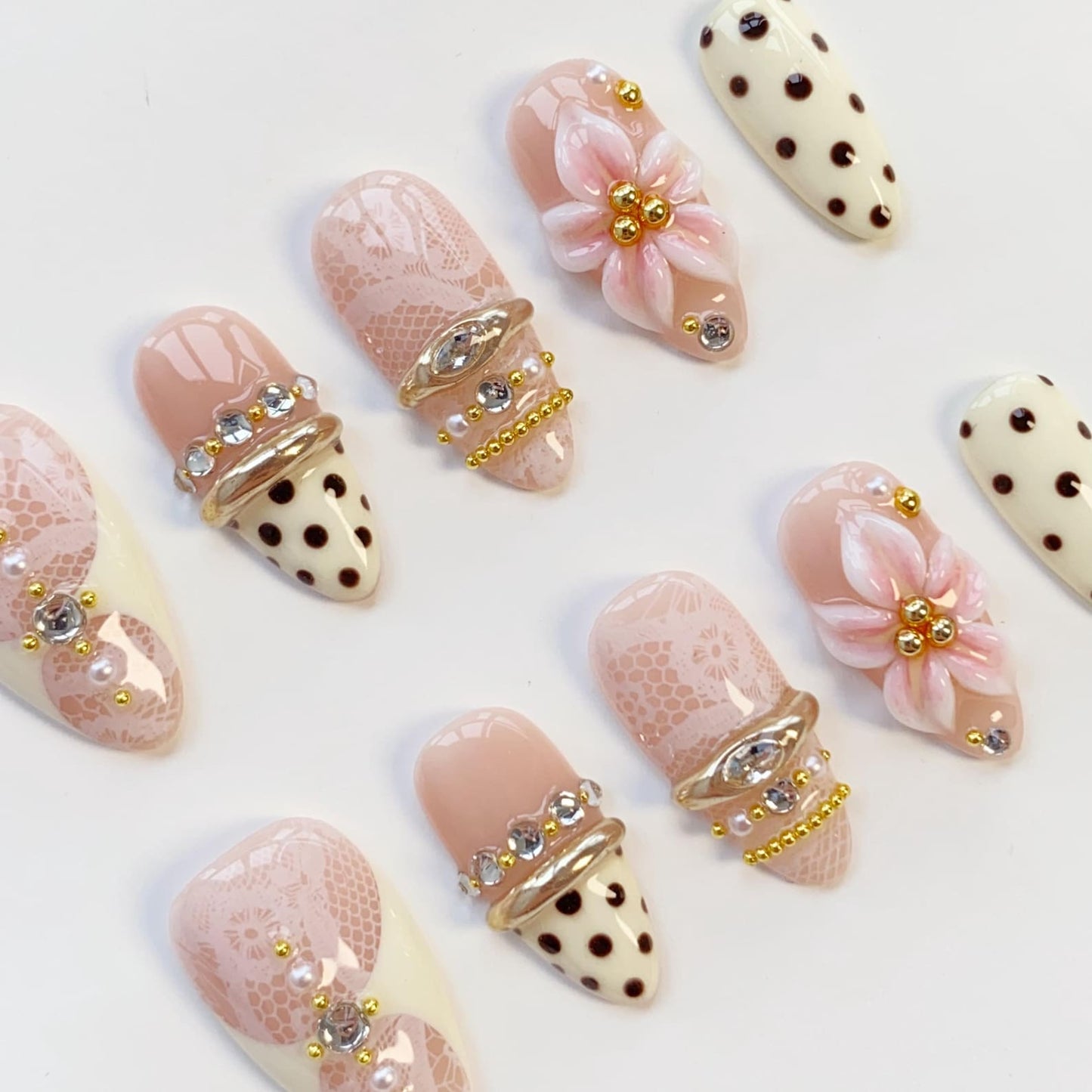 Blush Lace Floral Press-On Nails – Luxury 3D Flower & Polka Dot Almond Nail Set