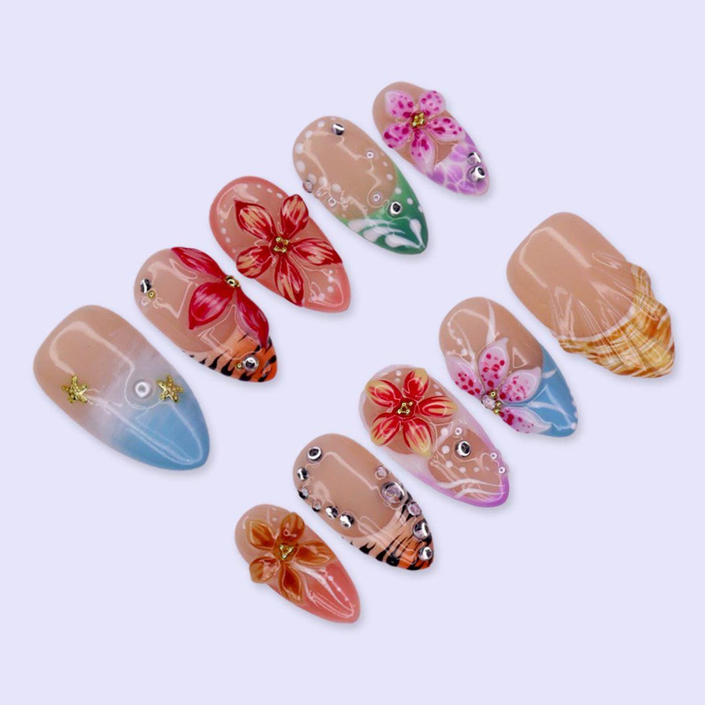 Tropical Blossom Press-On Nails – Handmade 3D Floral Summer Vacation Nail Set