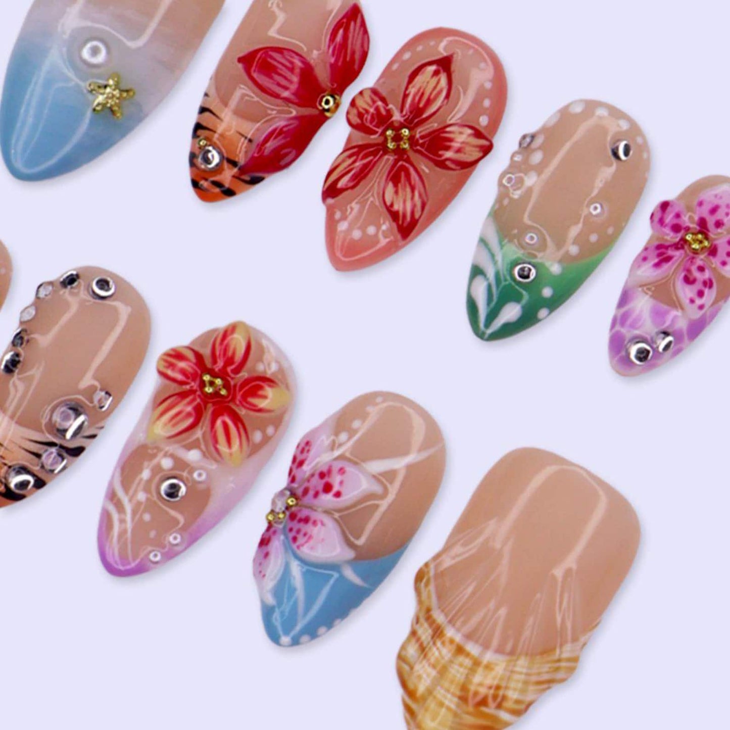 Tropical Blossom Press-On Nails – Handmade 3D Floral Summer Vacation Nail Set