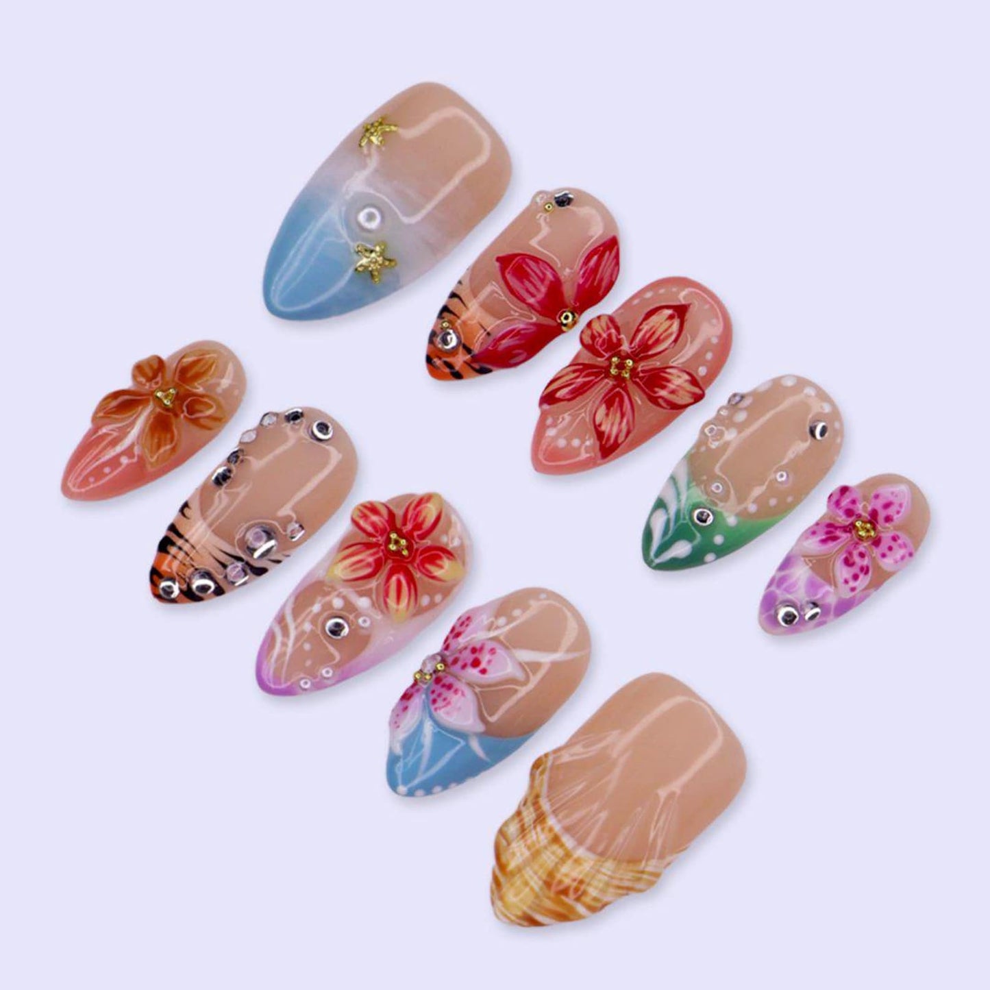 Tropical Blossom Press-On Nails – Handmade 3D Floral Summer Vacation Nail Set