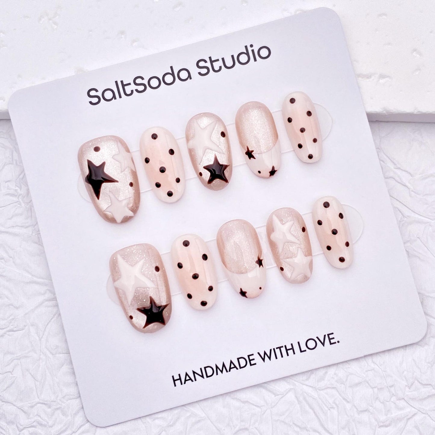 Starry Night Press-On Nails | Nude Pink Star Nail Art Set | Handmade Cute Celestial Nails