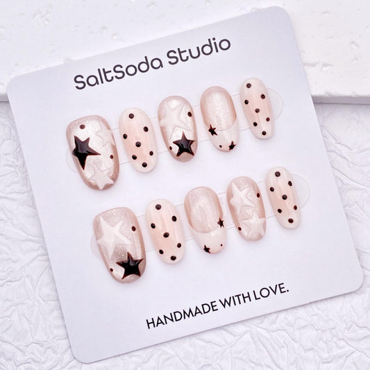 Starry Night Press-On Nails | Nude Pink Star Nail Art Set | Handmade Cute Celestial Nails
