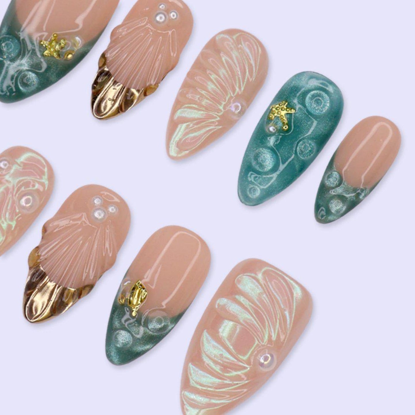 Ocean Mermaid Shell Press-On Nails – Iridescent Seashell & Seafoam Green Nail Art Set