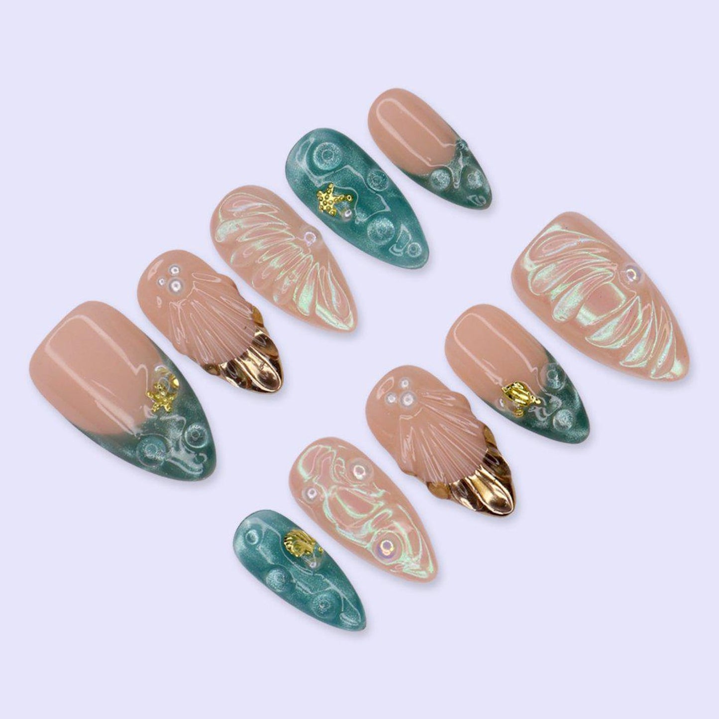 Ocean Mermaid Shell Press-On Nails – Iridescent Seashell & Seafoam Green Nail Art Set
